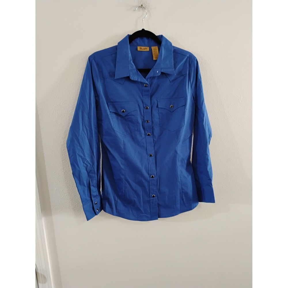Wrangler Womens Western Snap Front Shirt Blue Long Sleeve Cotton Stretch Medium